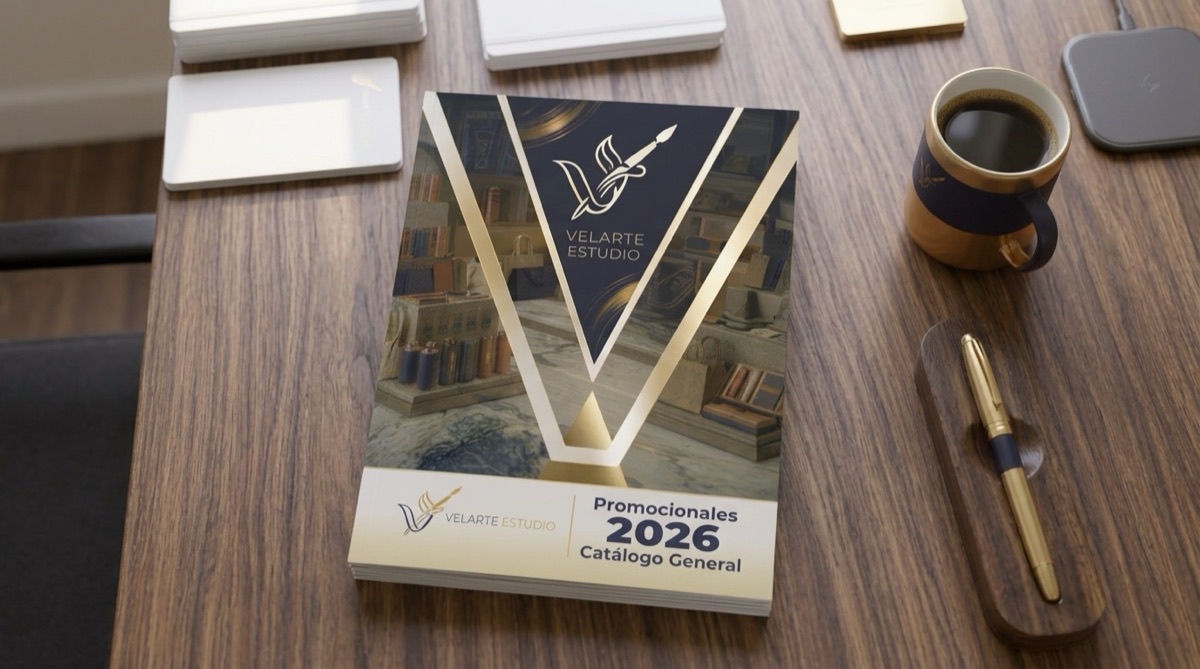 Catálogo General 2026 de Velarte Estudio sobre un escritorio, junto a una taza y una pluma con la marca
