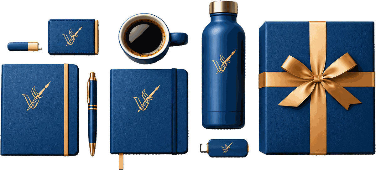Set de regalo corporativo en azul marino con el logo de la empresa en dorado: libretas, pluma, termo, taza y caja de regalo