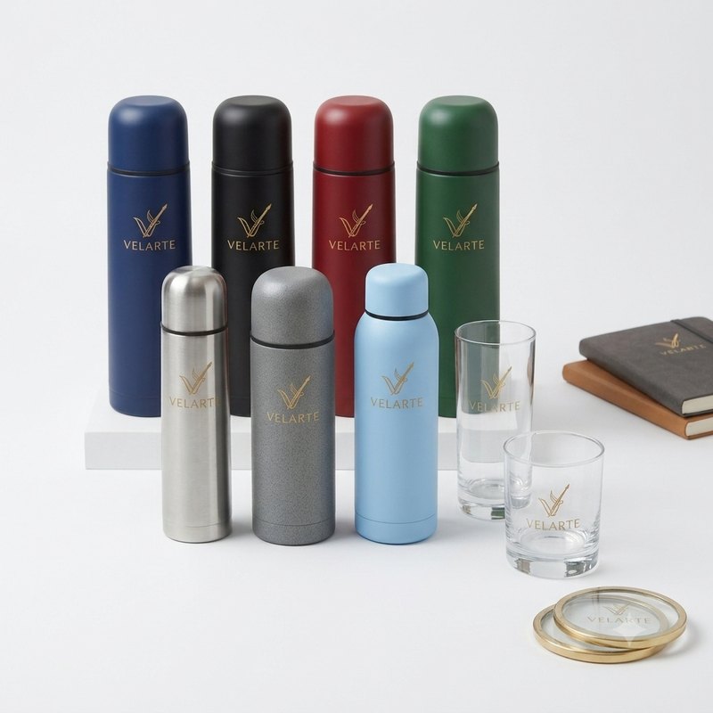 Termos y vasos en siete colores con el logo grabado en dorado