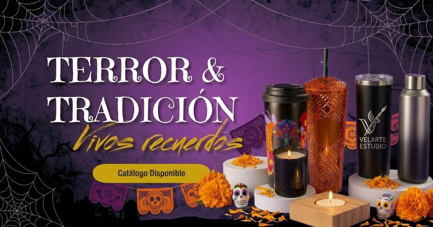 Terror y tradición, vivos recuerdos: vasos, termos y velas personalizados entre cempasúchil, calaveritas y papel picado. Catálogo disponible.