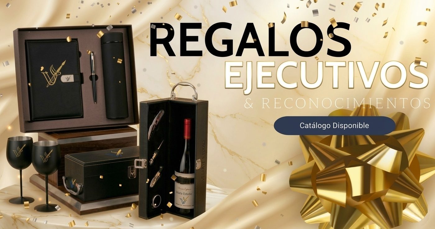 Regalos ejecutivos y reconocimientos: set de libreta, pluma y termo, estuche de vino y copas grabadas con logo en dorado. Catálogo disponible.